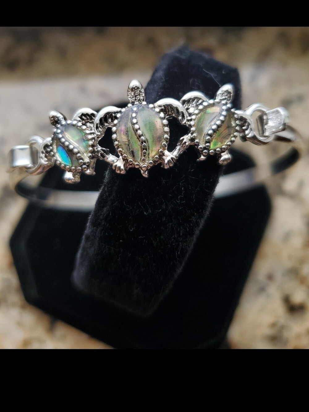 Silver Turtle Abalone Bangle Bracelet - Iridescent Green